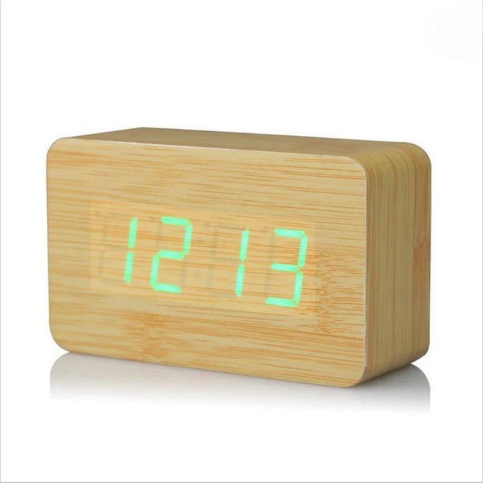 Reloj despertador digital de madera luz led verde