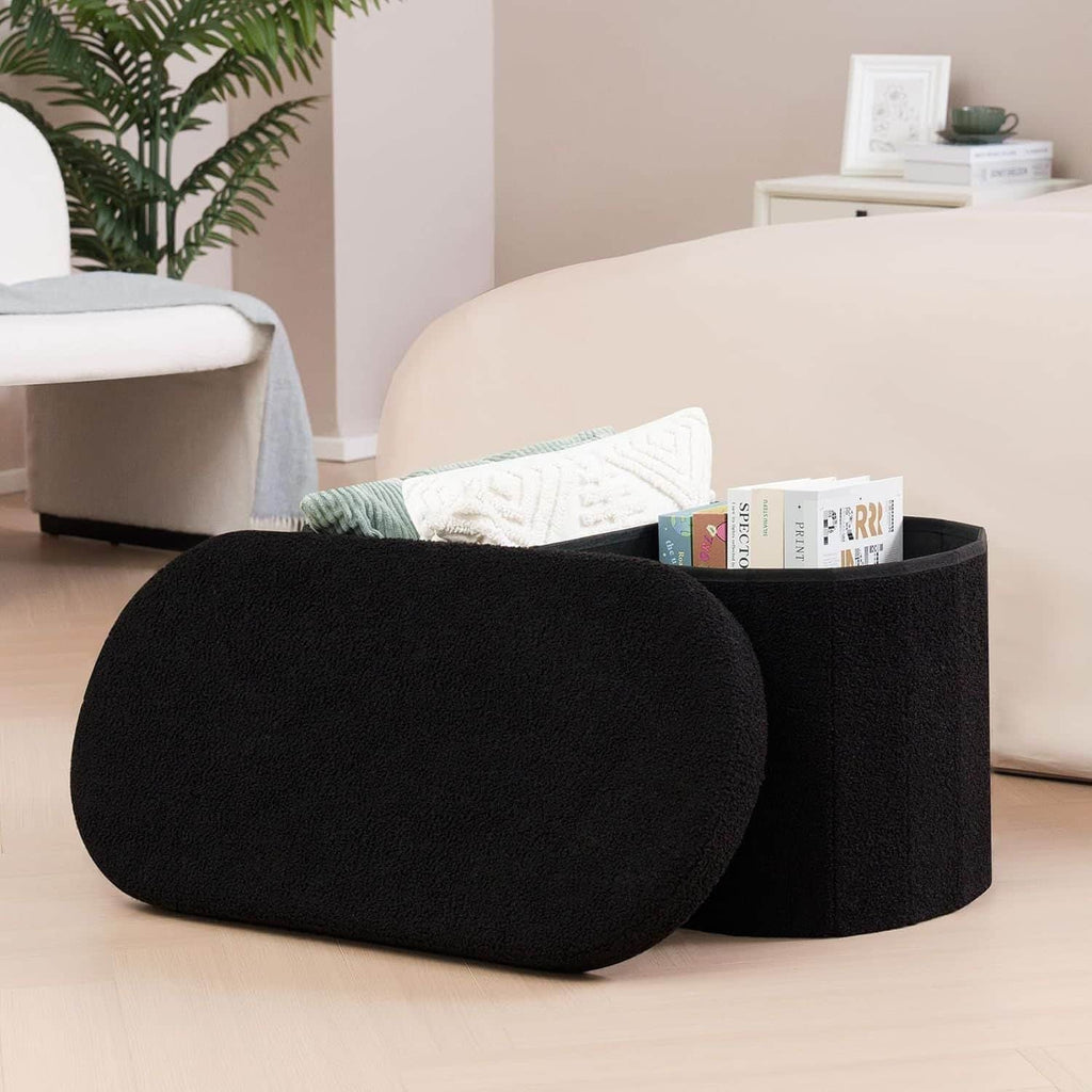 Baúl plegable ovalado bouclé negro