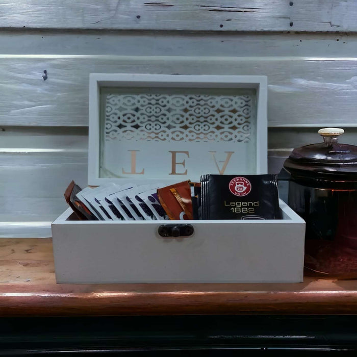 Caja para té de madera tallada blanca Y172-15