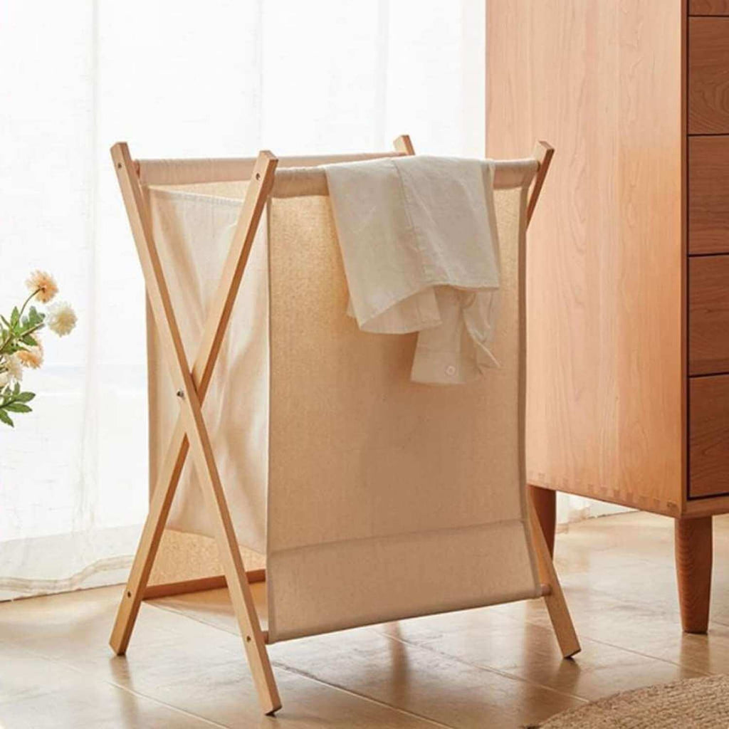 Cesto plegable para ropa de bambú beige
