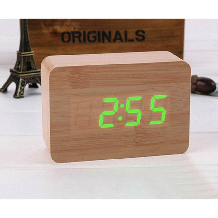 Reloj despertador digital de madera luz led verde Y19131-2Blanco