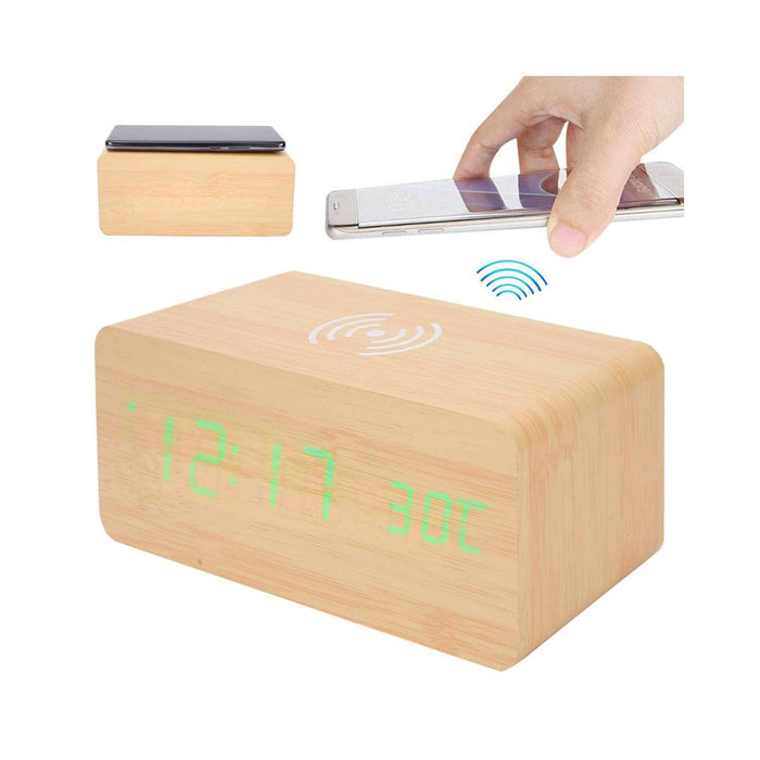 Reloj digital de madera con carga inalámbrica para teléfonos AET385