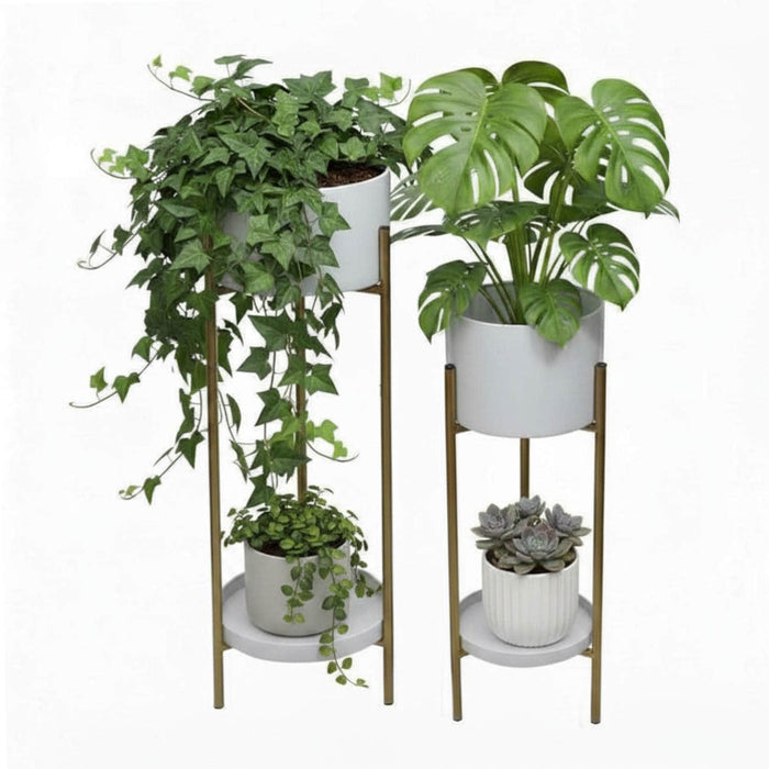 set 2 maceteros con pedestal metal blanco dorado DAX1627