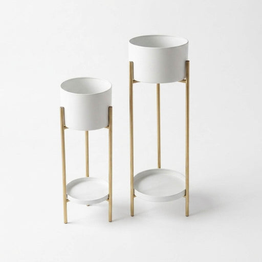 set 2 maceteros con pedestal metal blanco dorado DAX1627