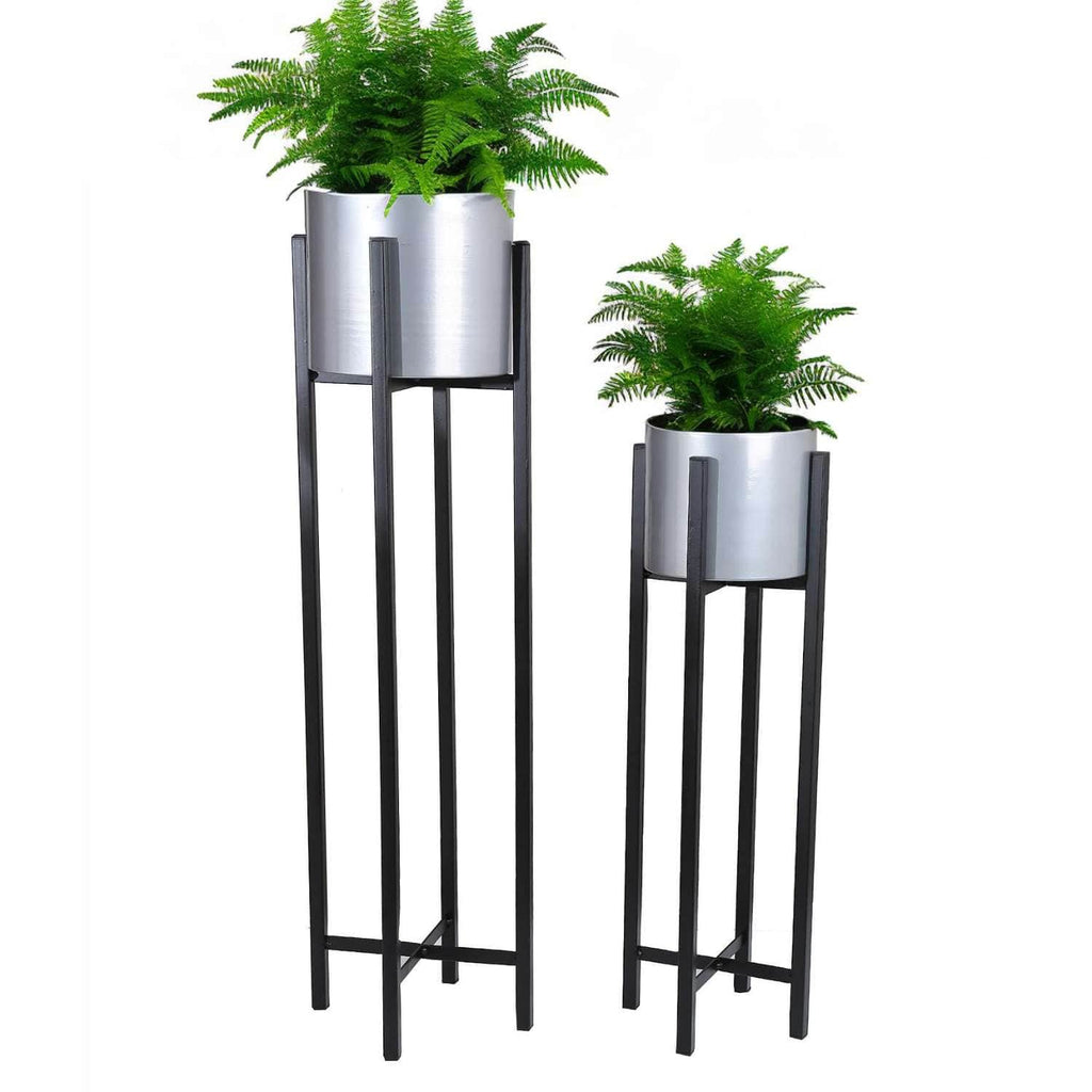 Set 2 maceteros con pedestal plateados