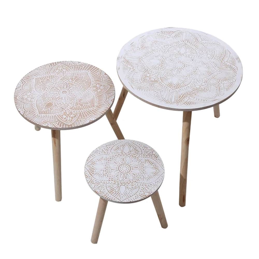 Set 3 mesas de centro madera mandalas