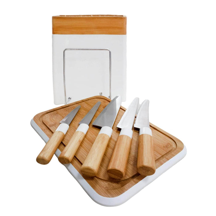 Tabla de cortar más set de 5 cuchillos bambú 21JXP1589